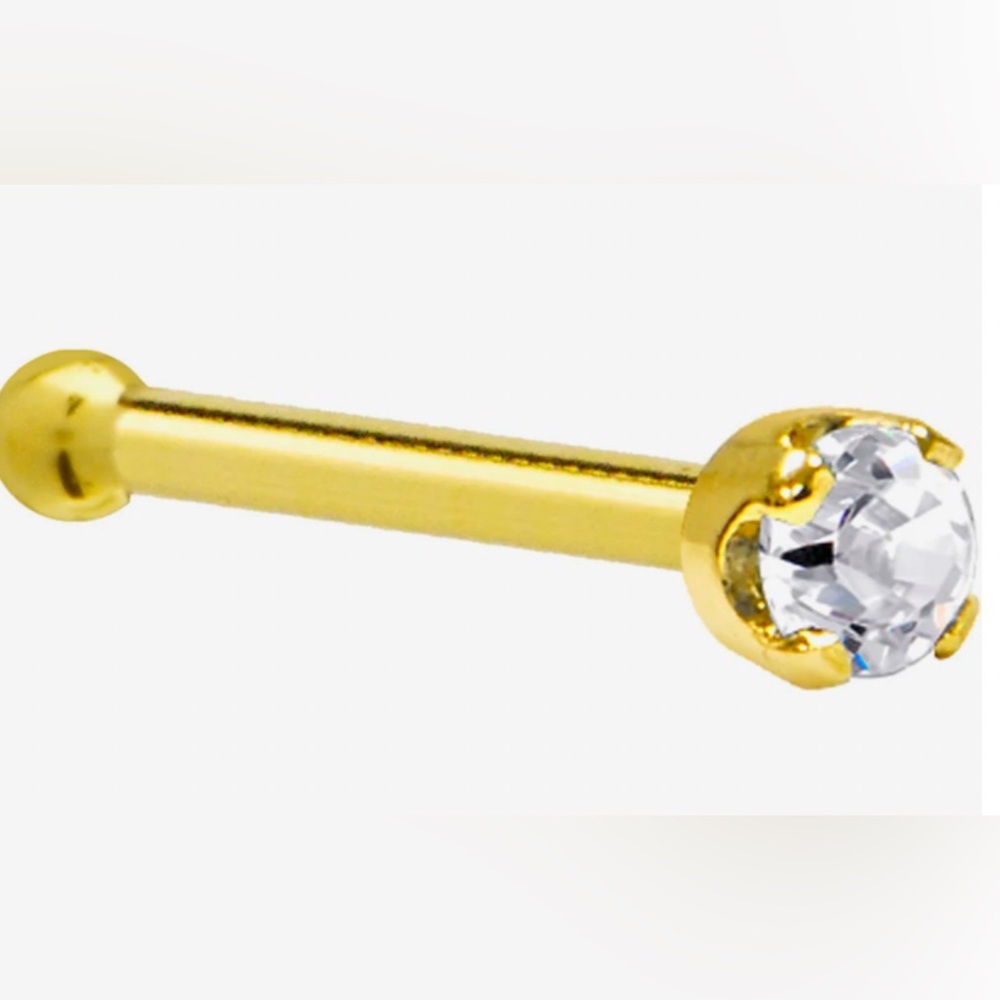 BRAND NEW Solid 14K Yellow Gold 2mm Clear Cubic Zirconia Nose Ring |20GAGE |BONE